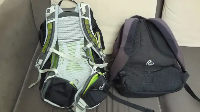 My Osprey Stratos 24 hiking pack on the left and my Samsonite pack for daily use.