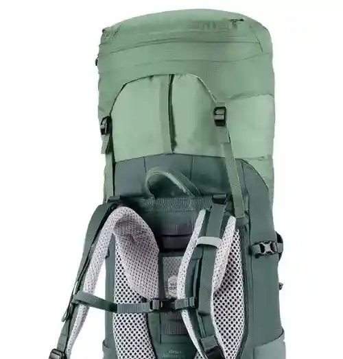 Expanded collar and adjusted lid in a Deuter pack.