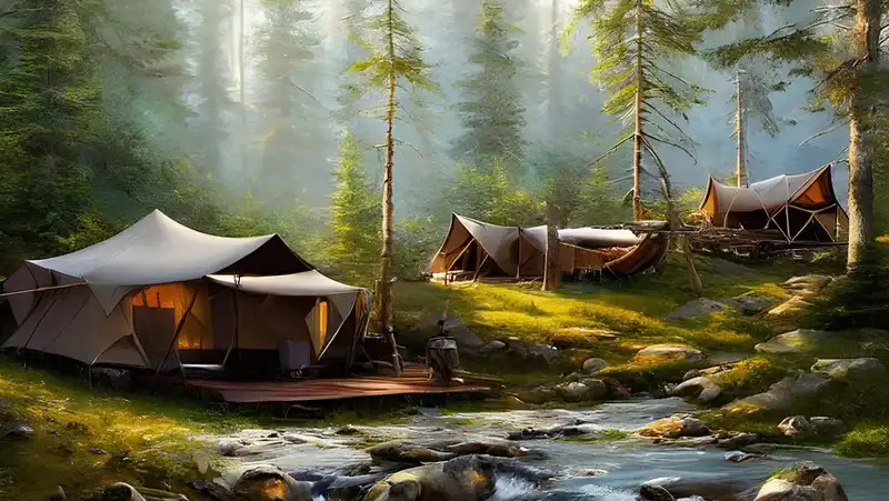 Is a Bathtub Tent Floor Better than a Catenary Cut featured picture showing a camp in the forest.
