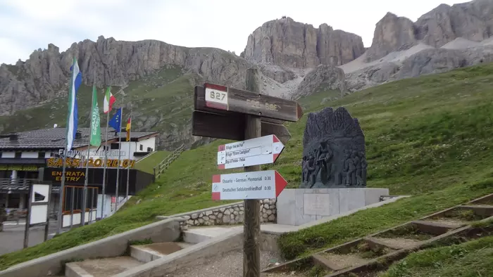 Signs at the start of the route at Pordoi Pass.