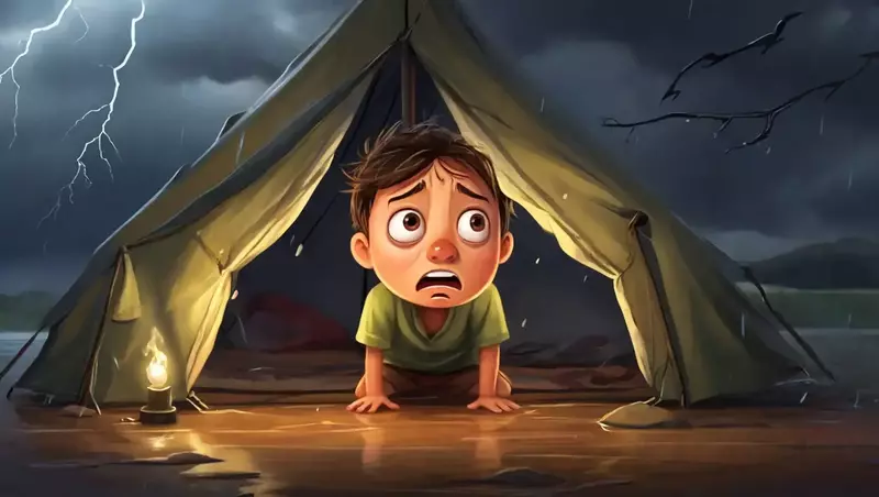 Cartoon of a camper in a tent in a storm.